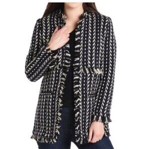 Cupcakes and Cashmere Tweed Fringed Knit Coat Navy Black White Fringe Size Small